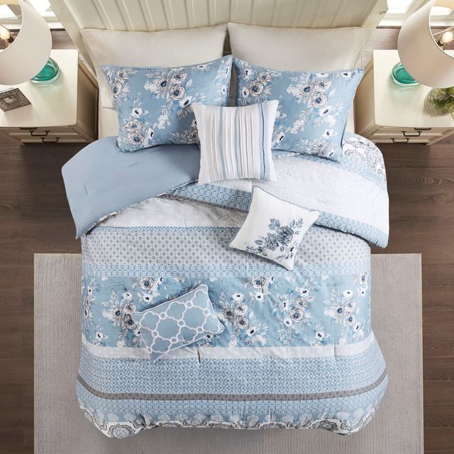 Olliix by Madison Park Willa Blue Full/Queen Six Piece Reversible Coverlet Set-1