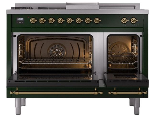 Ilve® Nostalgie II Noblesse 48'' Emerald Green Pro Style Dual Fuel Range with Brass Trim-1
