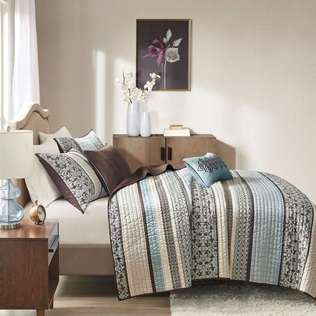 Olliix by Madison Park Blue King/California King Princeton 5 Piece Reversible Jacquard Coverlet Set-3