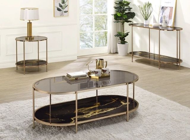 ACME Furniture Fiorella Glass Top Coffee Table with Black Marble Print/Champagne Base-1