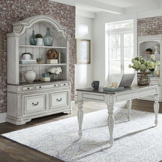 Liberty Furniture Magnolia Manor 3-Piece Antique White/Weathered Bark Desk and Hutch Set-1