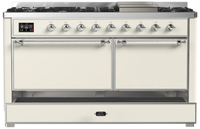 Ilve® Majestic III 60" Antique White Pro Style Dual Fuel Liquid Propane Range with Solid Door and Chrome Trim-2