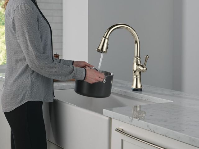 Delta Cassidy® Polished Nickel Touch2O® Technology Kitchen Faucet with Touchless Technology-1