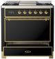 Ilve® Majestic III 36" Glossy Black Pro Style Dual Fuel Liquid Propane Range with Solid Door and Brass Trim-2