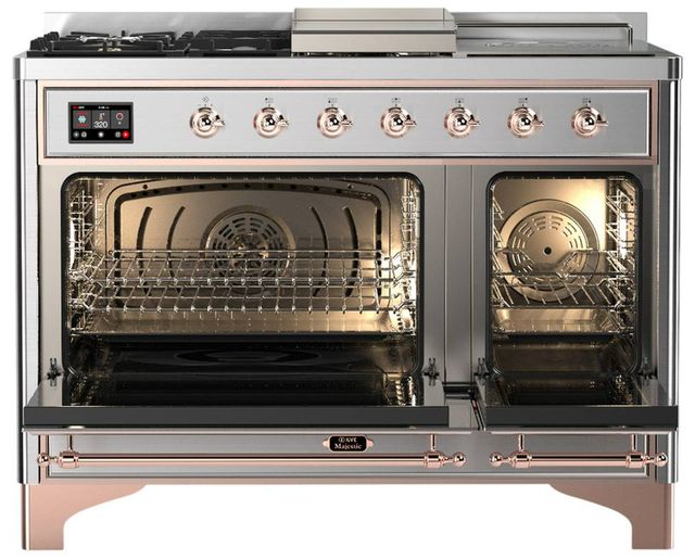 Ilve® Majestic III 48" Stainless Steel Pro Style Dual Fuel Liquid Propane Range with Solid Door and Copper Trim-1