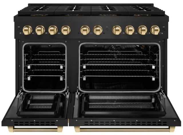 ZLINE Autograph Edition Paramount 48" 6.7 Cu. Ft. Black Stainless Steel Gas Range with 8 Burner DuoPro™ Cooktop and Dual Ovens with Polished Gold Helix Handles and Accents-1