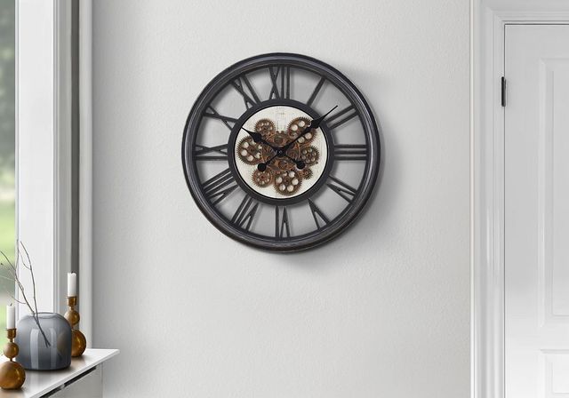 Monarch Specialties Inc. Black 20" Round Wall Clock with Roman Numerals on Brown Gear Mechanism-2