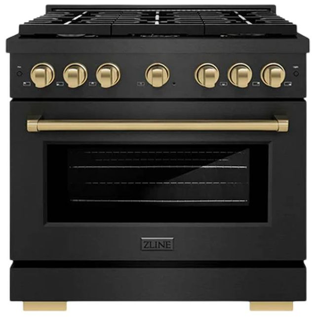 ZLINE Autograph Edition Paramount 36" Black Satin Stainless Steel/Champagne Bronze Gas Range with 6 Burner Cooktop and Convection Gas Oven-0