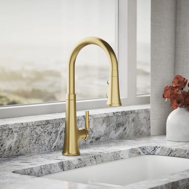 KOHLER® Tone® Vibrant Brushed Moderne Brass Kitchen Sink Faucet with 3-Function Sprayhead-1