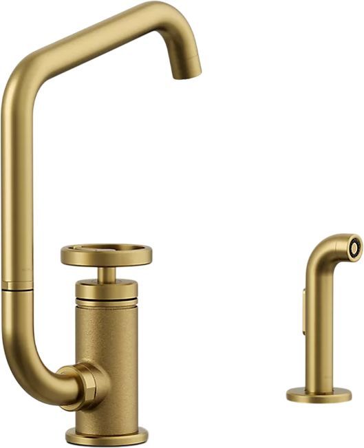 KOHLER® Billet® Vibrant Brushed Moderne Brass Single Round-Handle Bar Sink Faucet with 2-Function Extended-Reach Spout and Side Sprayer-0