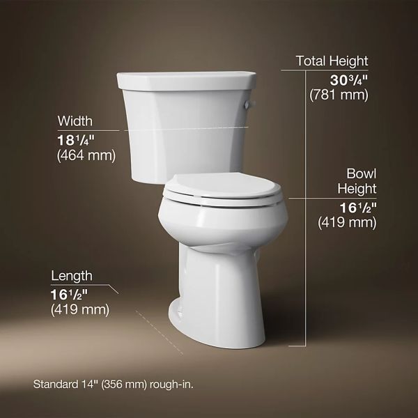 KOHLER® Highline® White 2-Piece Chair-Height Elongated Right-Hand Trip  Toilet, 1.28 Gpf-4