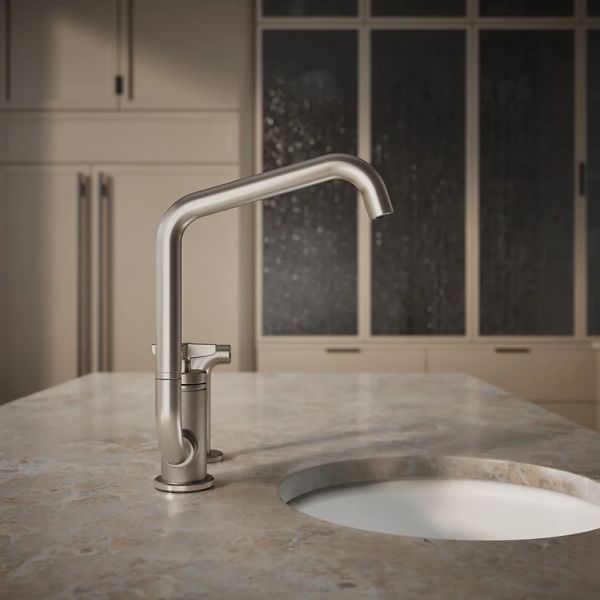 KOHLER® Billet® Vibrant Stainless Single Cross-Handle Bar Sink Faucet with 2-Function Extended-Reach Spout and Side Sprayer-4