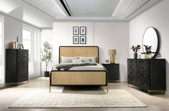 front view of a contemporary bedroom with a black dresser with round mirrir combo