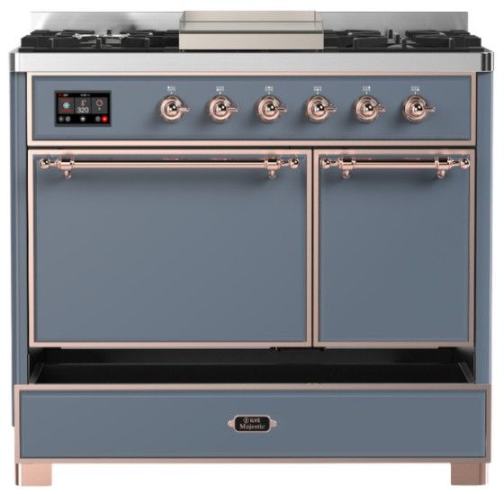 Ilve® Majestic III 40" Blue Gray Pro Style Dual Fuel Natural Gas Range with Solid Door and Copper Trim-2