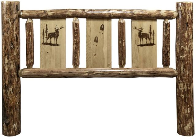 Montana Woodworks® Glacier Country Stained and Lacquered Queen Headboard with Laser Engraved Elk Design-1