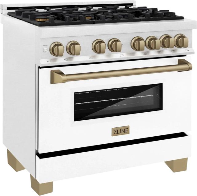 ZLINE Legacy Autograph Edition 36" Satin Stainless Steel Pro Style Dual Fuel Range with White Matte Door and Champagne Bronze Accents-1