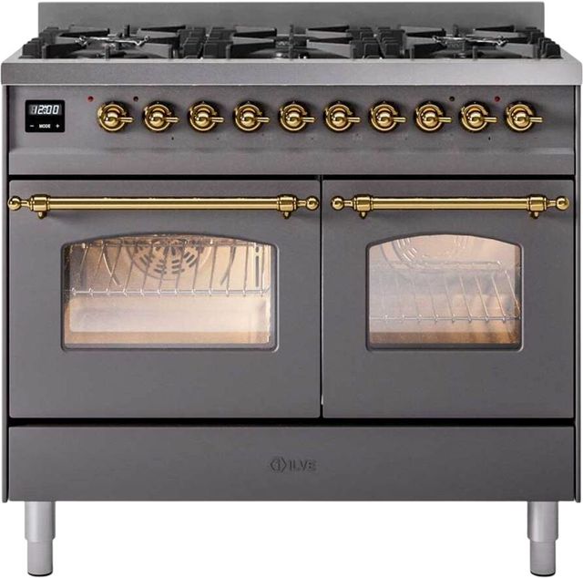 Ilve® Nostalgie II 40" Graphite Matte Pro Style Dual Fuel Range with Brass Trim-0