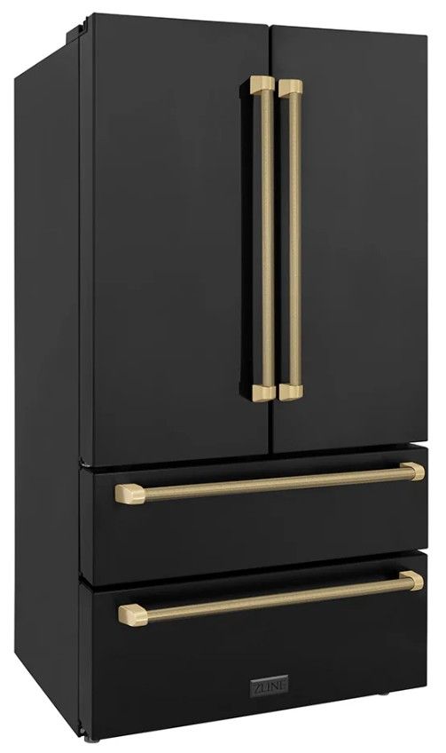 ZLINE Autograph Edition 36" 22.5 Cu. Ft. Fingerprint-Resistant Black Stainless Steel Counter Depth French Door Refrigerator with Champagne Bronze Helix Handles-2