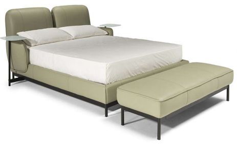 Natuzzi Editions Customizable Lake Queen Leather Bed with Trays and Bench-0