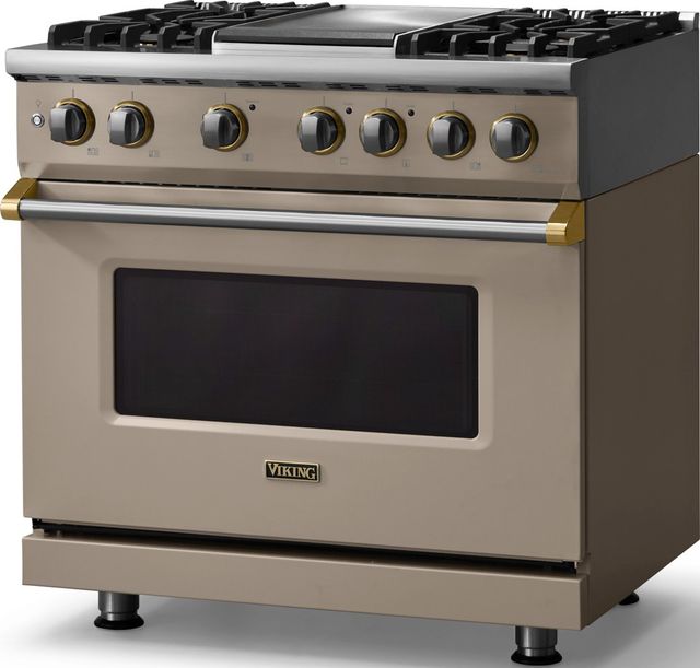 Viking® 5 Series 36" Nantucket Pro Style Dual Fuel (LP) Range with Brushed Brass Trim-3