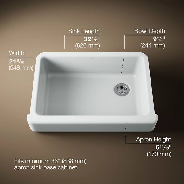 KOHLER® Whitehaven® Ice Gray 33" Undermount Single-Bowl Farmhouse Kitchen Sink with Short Apron-2