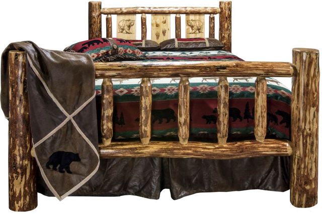 Montana Woodworks® Glacier Country Stain & Clear Lacquer California King Bed with Laser Engraved Bear Design-1