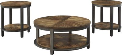 front view of the Signature Design by Ashley® Roybeck 3-Piece Light Brown/Bronze Occasional Table Set
