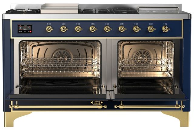 Ilve® Majestic III 60" Midnight Blue Pro Style Dual Fuel Natural Gas Range with Solid Door and Brass Trim-1