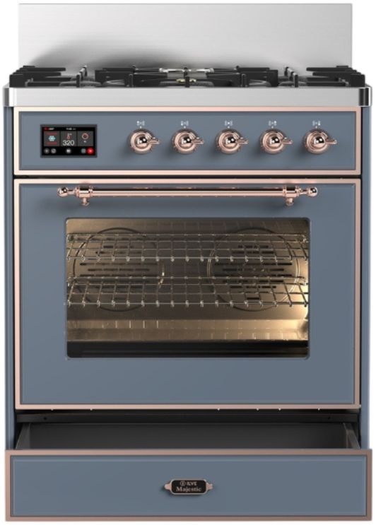 Ilve® Majestic III 30" Blue Gray Pro Style Dual Fuel Liquid Propane Range with Triple Glass Door and Copper Trim-1
