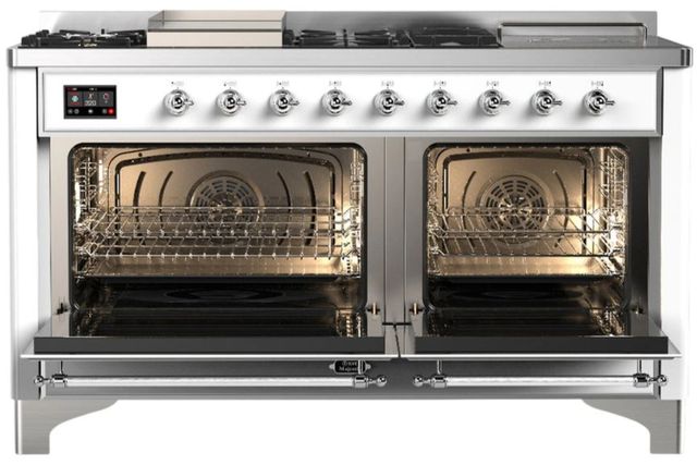 Ilve® Majestic III 60'' White Pro Style Dual Fuel Natural Gas Range with Solid Door and Chrome Trim-1