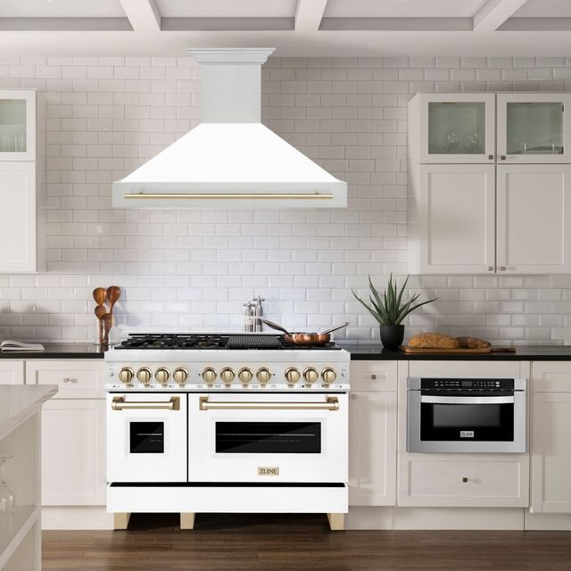ZLINE Autograph Edition 48" Stainless Steel Wall Mounted Range Hood with White Matte Shell and Polished Gold Handle-1
