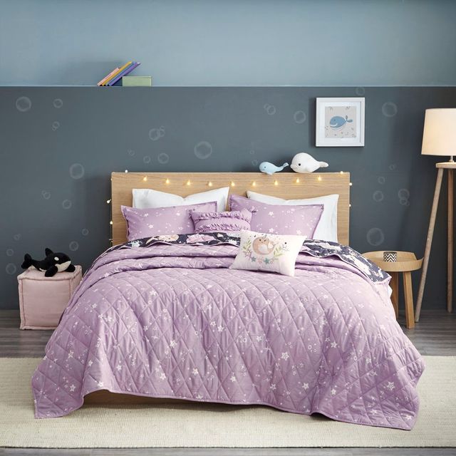 Olliix by Urban Habitat Kids Magical Narwhals Cotton Reversible Purple Multi Twin Coverlet Set-1