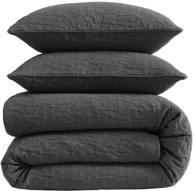 HiEnd Accents Porto Matelassé 3-Piece Charcoal Polyester King Duvet Cover Set-0