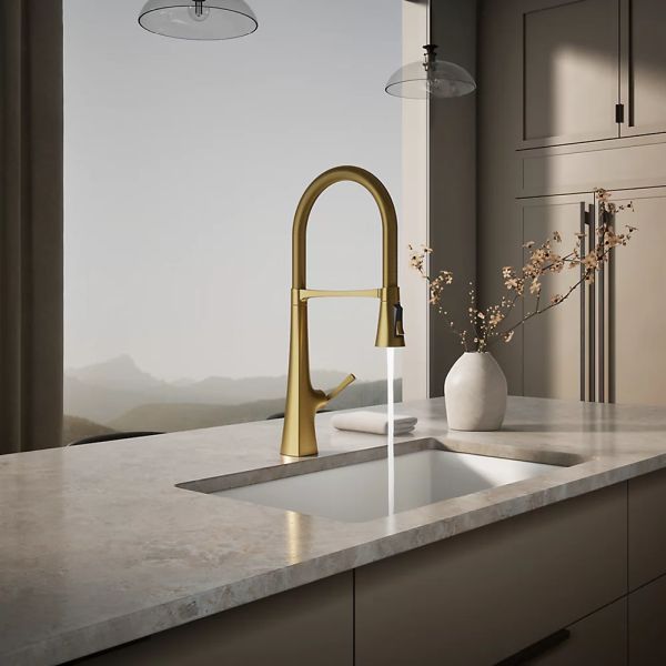 KOHLER® Graze® Vibrant Brushed Moderne Brass Semi-Professional Kitchen Sink Faucet with 3-Function Sprayhead-2