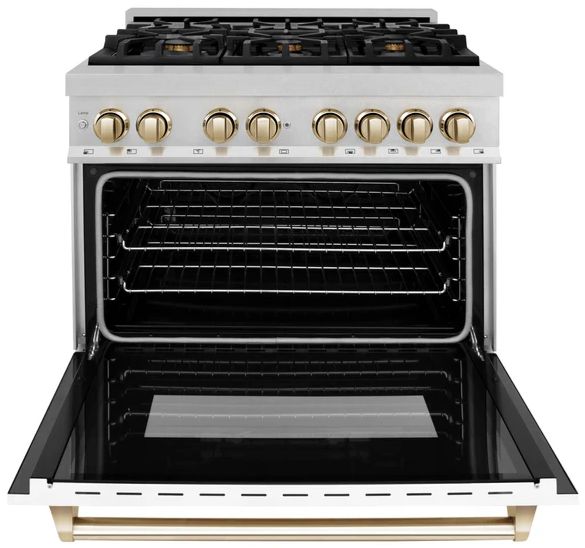 ZLINE Legacy Autograph Edition 36" Satin Stainless Steel Pro Style Dual Fuel Range with White Matte Door and Polished Gold Accents-1