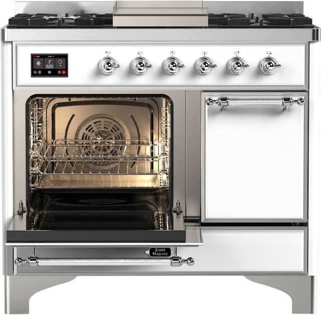 Ilve® Majestic III 40" White Pro Style Dual Fuel Liquid Propane Range with Solid Door and Chrome Trim-2