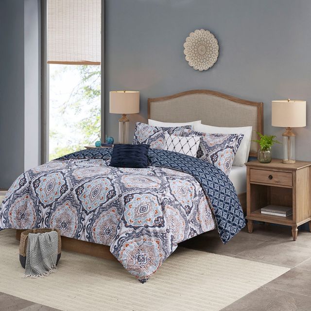 Olliix by Madison Park Essentials Titus Navy Queen Comforter with Two Decorative Pillow Set-0