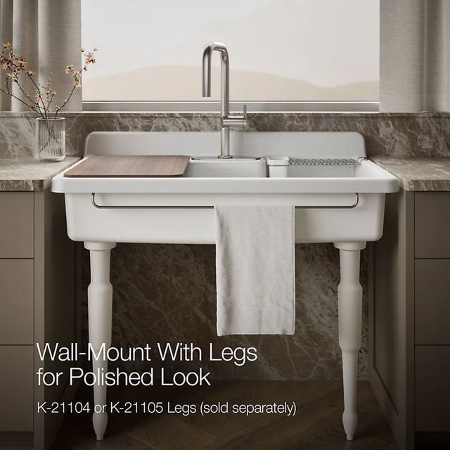 KOHLER® Farmstead® White 45" 3-Faucet Hole Top/Wall-Mount Single-Bowl Workstation Farmhouse Kitchen Sink with Painted White Underside-4