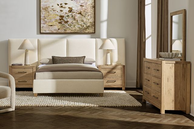 Artisan & Post by Vaughan-Bassett Joinery Ivory Cream/Natural Oak Queen Upholstered Wall Panel Bed-2