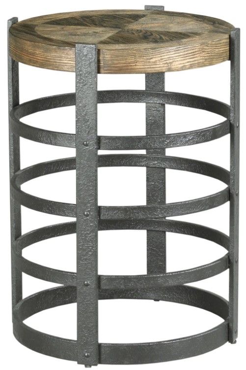 Hammary® Hidden Treasures Brown Wooden Top Barrel Strap End Table with Black Metal Base-0