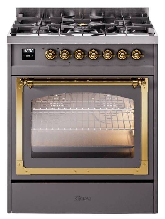 Ilve® Nostalgie II Noblesse 30" Graphite Matte Pro Style Dual Fuel Range with Brass Trim-0