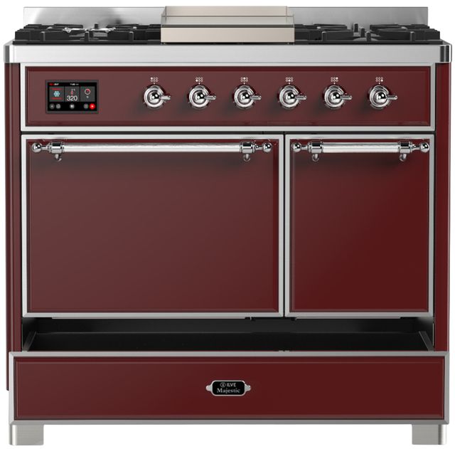 Ilve® Majestic III 40" Burgundy Pro Style Dual Fuel Liquid Propane Range with Solid Door and Chrome Trim-1