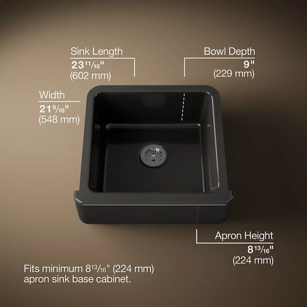 KOHLER® Whitehaven® Black 24" Undermount Single-Bowl Farmhouse Kitchen Sink-2