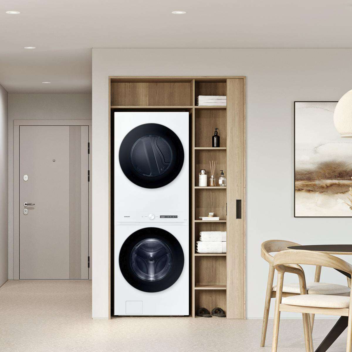 Stackable laundry center inside a closet