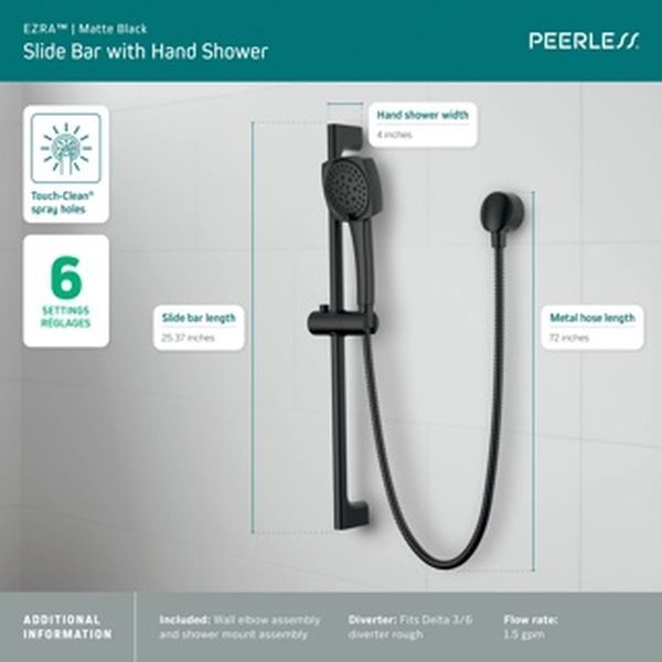 Peerless Ezra® Matte Black Slide Bar with Hand Shower-3