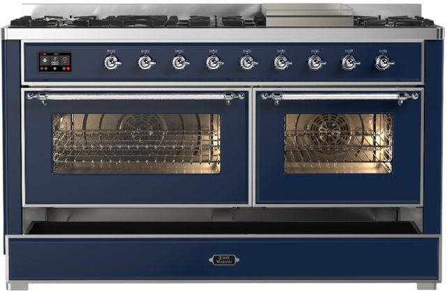 Ilve® Majestic III 60" Midnight Blue Pro Style Dual Fuel Natural Gas Range with Triple Glass Door and Chrome Trim-1