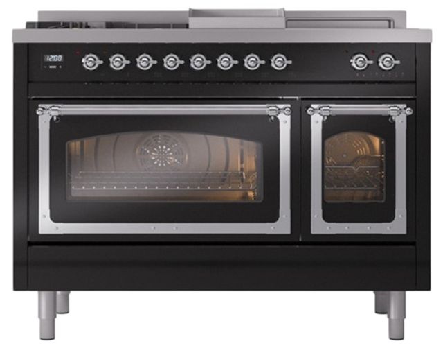 Ilve® Nostalgie II Noblesse 48'' Glossy Black Pro Style Dual Fuel Range with Chrome Trim-1