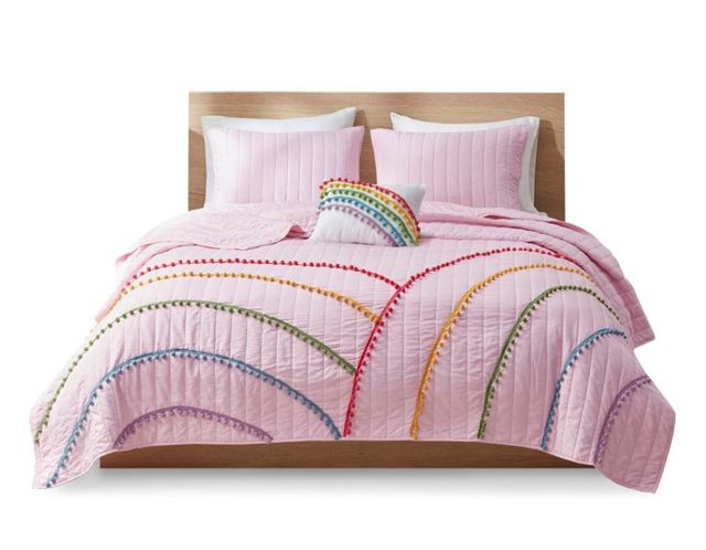 Olliix by Mi Zone Juniper Pink Full/Queen Rainbow Coverlet Set With Pompom Trim-0