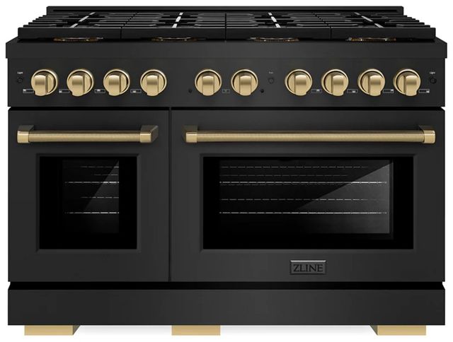 ZLINE Autograph Edition Paramount 48" 6.7 Cu. Ft. Black Stainless Steel Gas Range with 8 Burner DuoPro™ Cooktop and Dual Ovens with Champagne Bronze Helix Handles and Accents-0
