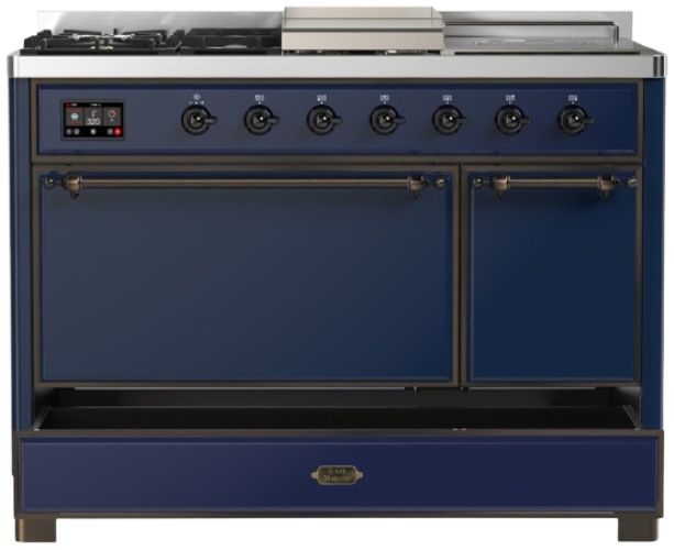 Ilve® Majestic III 48" Midnight Blue Pro Style Dual Fuel Natural Gas Range with French Top and Burnished Trim-2